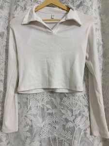 White Collared Cropped Long Sleeve Top