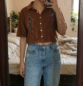 Brown Embroidered Cropped Shirt