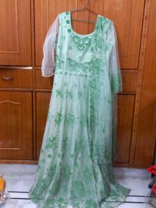 A Light Green Net  Peded Gown, Full Sleeves, Round Neck, With A beautiful Dupata ,work I Don't No