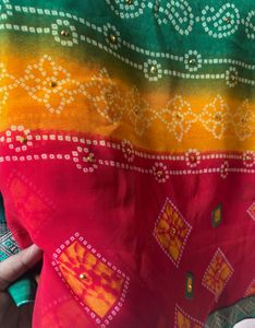 Beautiful Green Red &amp; Yellow Bandhani Print Ethnic