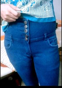 Vibrant Blue High-Waisted Button-Up Jeans