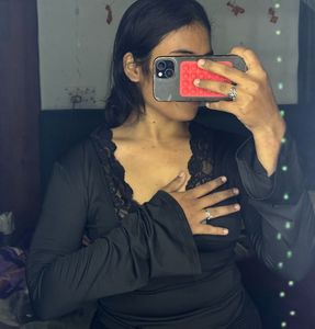 Black Lace Trim Long Sleeve Top