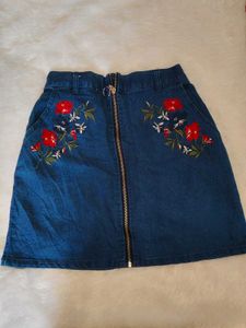 Floral Embroidered Denim Skirt