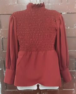 Maroon Smocked Neck Long Sleeve Top