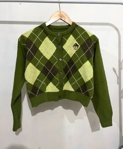 Argyle Knit Cardigan with Cute Patch