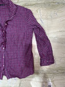 Women's Plaid Button-Up Ruffle Shirt
