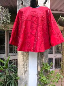 Elegant Red Embroidered Silk Cape