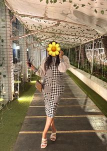 Houndstooth Midi Dress with Sheer Sleeves