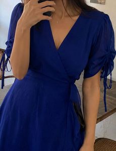 V-Neck Wrap Dress with Puff Sleeves
