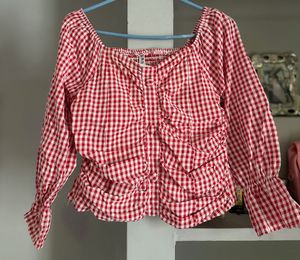 Red Gingham Ruched Button-Up Top