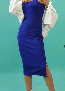 Royal Blue Midi Dress with White Jacket