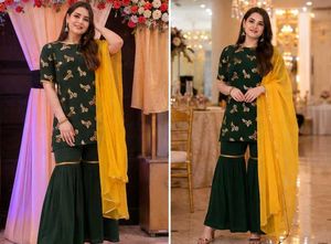 Elegant Green Kurta Set with Yellow Dupatta