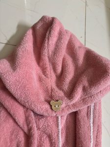 Pink Hair towel with teddy bear button