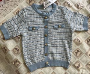 Blue &amp; White Checked Knit Top