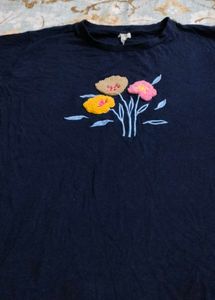 Navy Blue Floral Embroidered T-Shirt