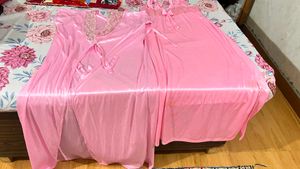 Pink Satin Nightgown &amp; Robe Set