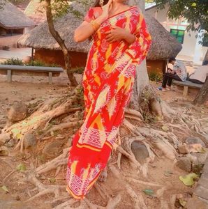 Red &amp; Yellow Block Print Saree