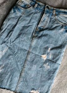 I. Light Wash Distressed Denim Midi Skirt