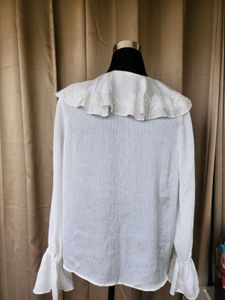 White Embroidered Ruffle Blouse