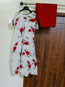 kurta with chudidar  Red Floral Pr