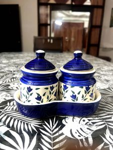 Set of 2 Blue Floral Ceramic Jars with Tray