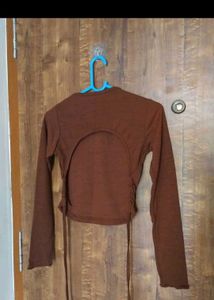 Brown Tie-Front Long Sleeve Crop Top