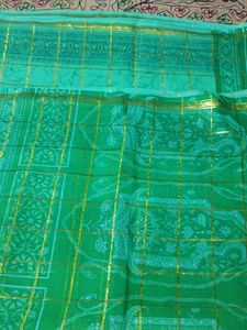 Elegant Green Printed Saree with Golden Check Desi