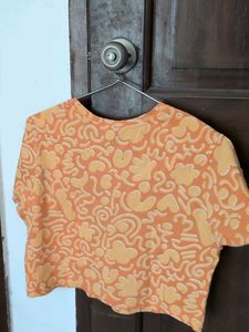 Orange Graphic Print Cropped T-Shirt