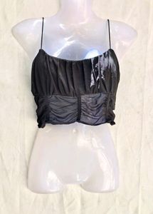 23286. Black Mesh Ruched Crop Top