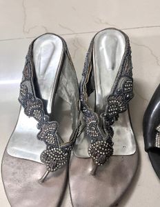 New Stones Emblished Silver And Black Heels Combo