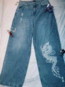 Dragon Print Distressed Baggy Jeans