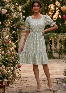 Green Floral Print Tiered Midi Dress