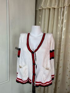 Chic White Cardigan with Red Trim