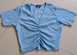 Cute Blue Ruched V-Neck Crop Top