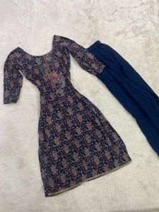 Deep Navy Blue Printed Kurti &amp; Pants Set