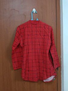 Red Checked Mandarin Collar Shirt