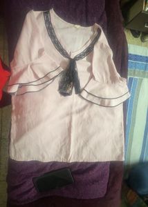 Pink Bell Sleeve Lace Trim Blouse