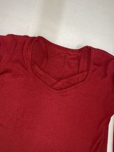Red Ribbed V-Neck Top