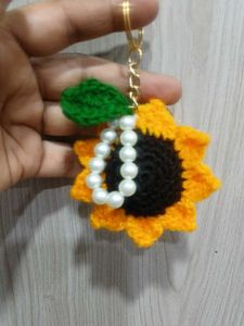 Sunflower Crochet Keychain with Pearls