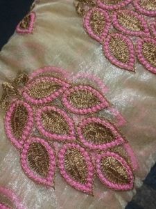 Pink &amp; Cream Embroidered Saree – No Blouse Include