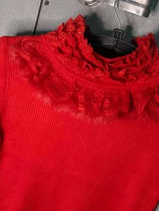 Red Ruffled High Neck Top