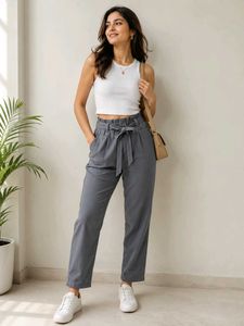 Stylish Grey Paperbag Waist Pants