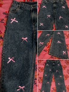 Cute Bow Detail Wide Leg Jeans