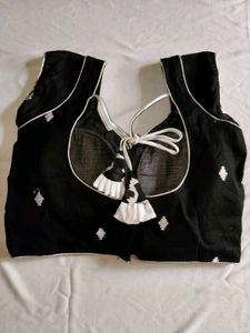 Black Embroidered Blouse with White Piping