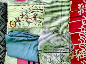 Green Striped Floral Dress Material