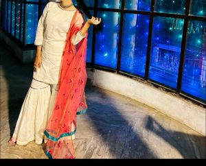 Elegant White Embroidered sharara Set