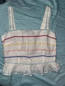 White Embroidered Ruffle Tank Top