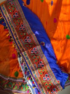 Vibrant Orange Polka Dot ghagra and blue dupatta