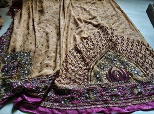 Embellished Beige Saree with Purple Border