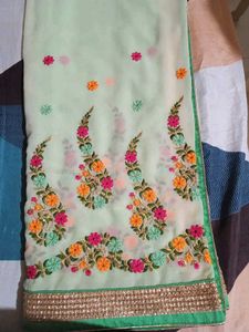 Cream Saree with Embroidered Floral Border